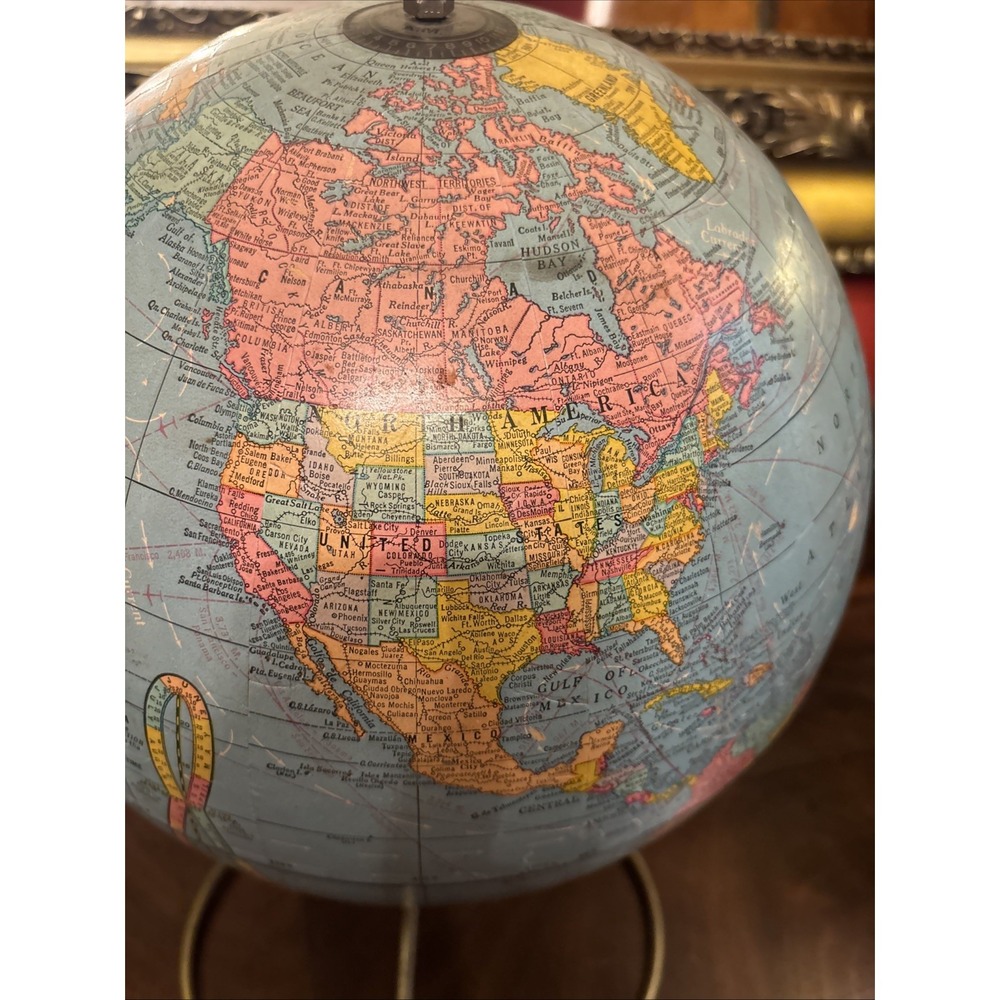Vintage 1960s Cram's Imperial 12" World Globe Brass Wire Stand Desk Map Decor - Picture 10 of 12